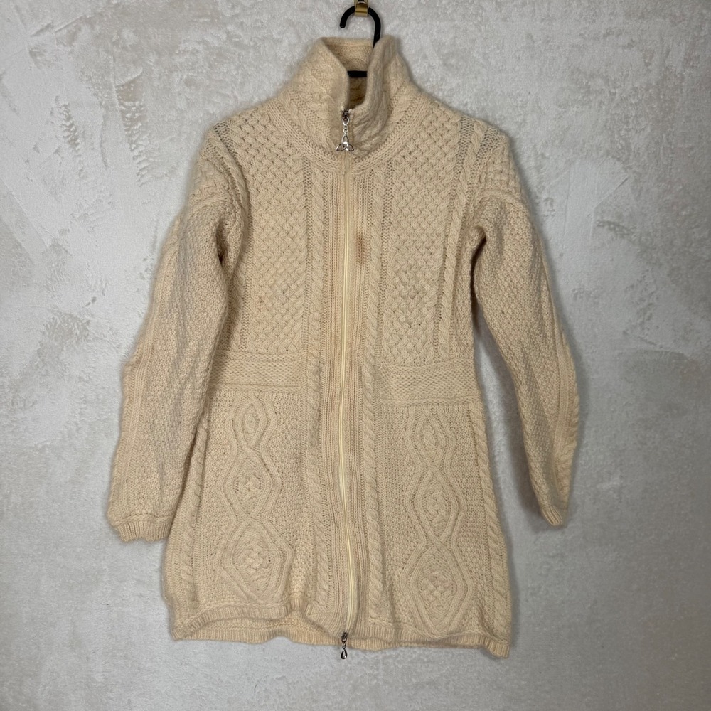 Aran Mor Ireland Womens Small Cream 100% Merino Wool Full Zip Cable Knit Sweater